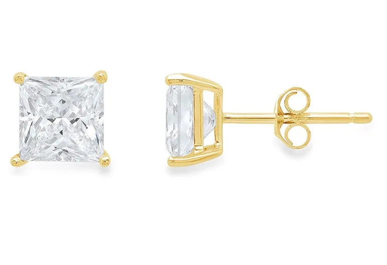 18k Yellow Gold Plated Created White Sapphire 1 Carat Princess Cut Stud Earrings