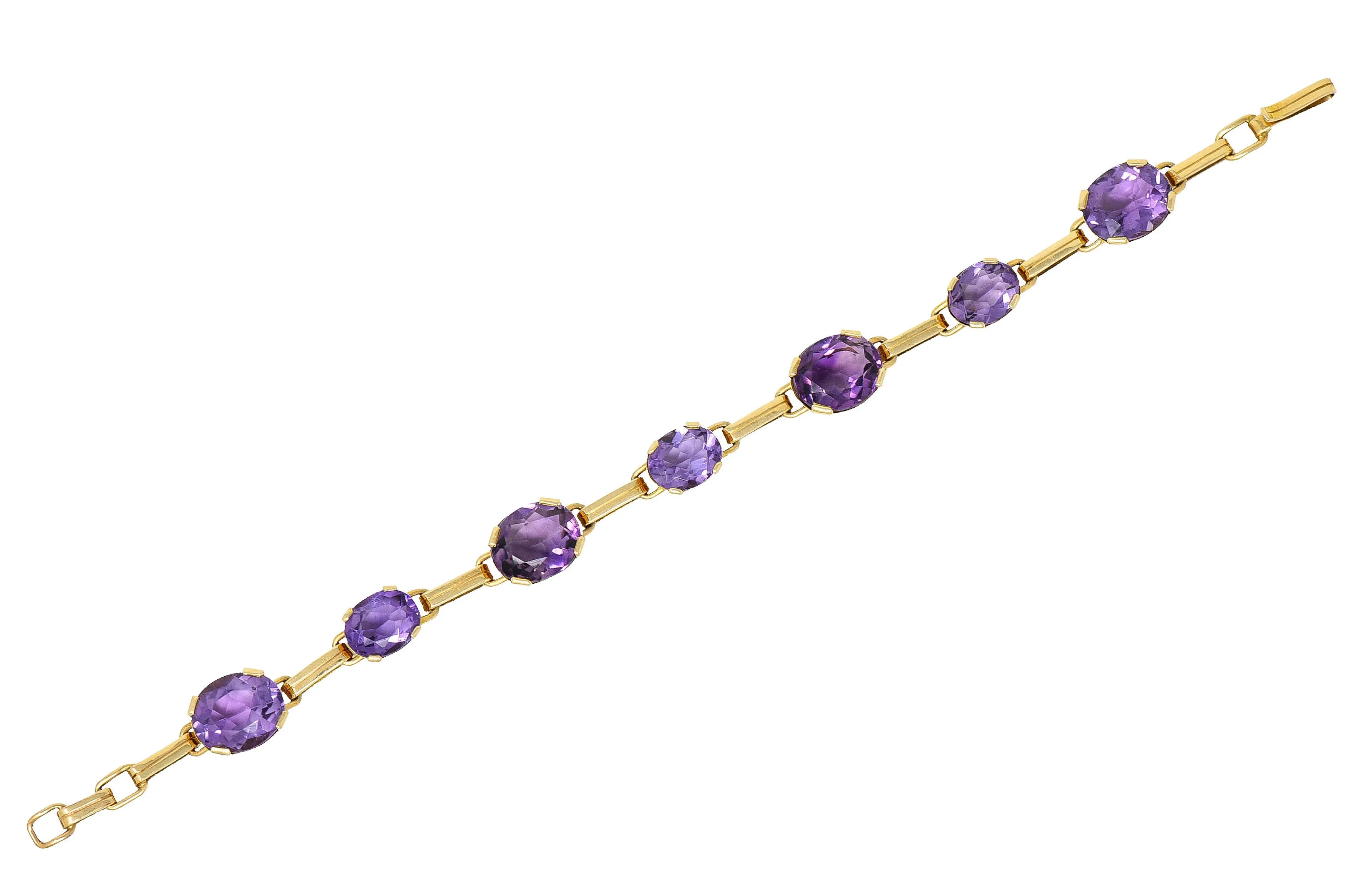 1940's Retro Amethyst 14 Karat Gold Station Link Bracelet