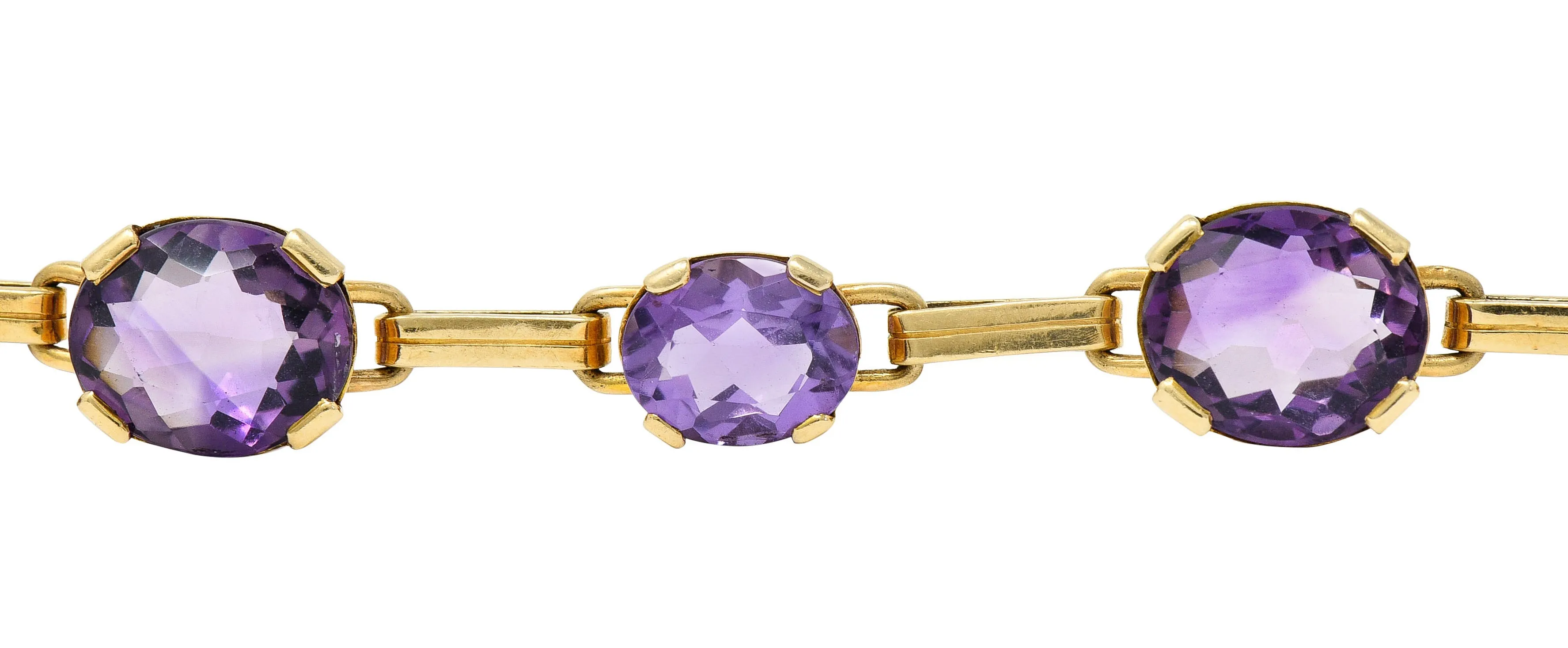 1940's Retro Amethyst 14 Karat Gold Station Link Bracelet