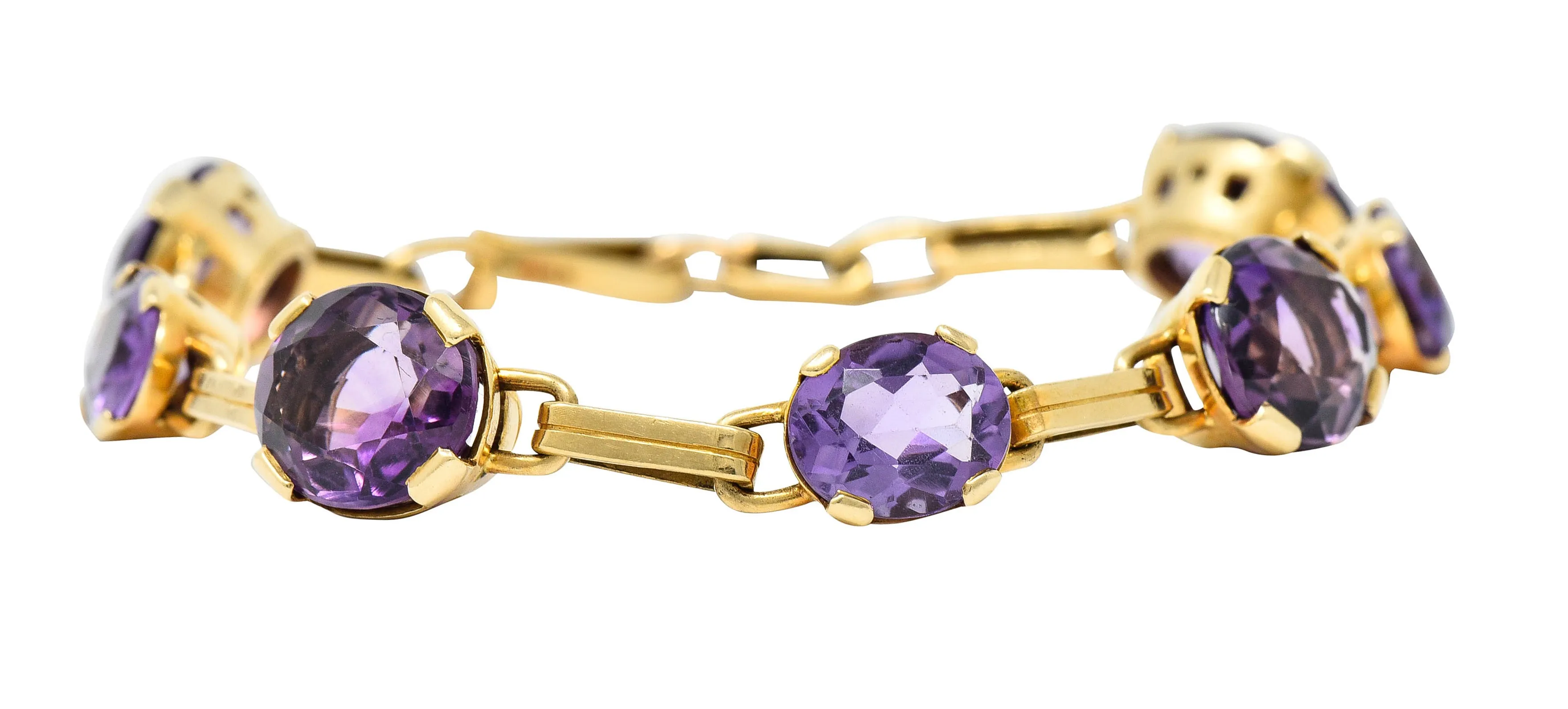 1940's Retro Amethyst 14 Karat Gold Station Link Bracelet