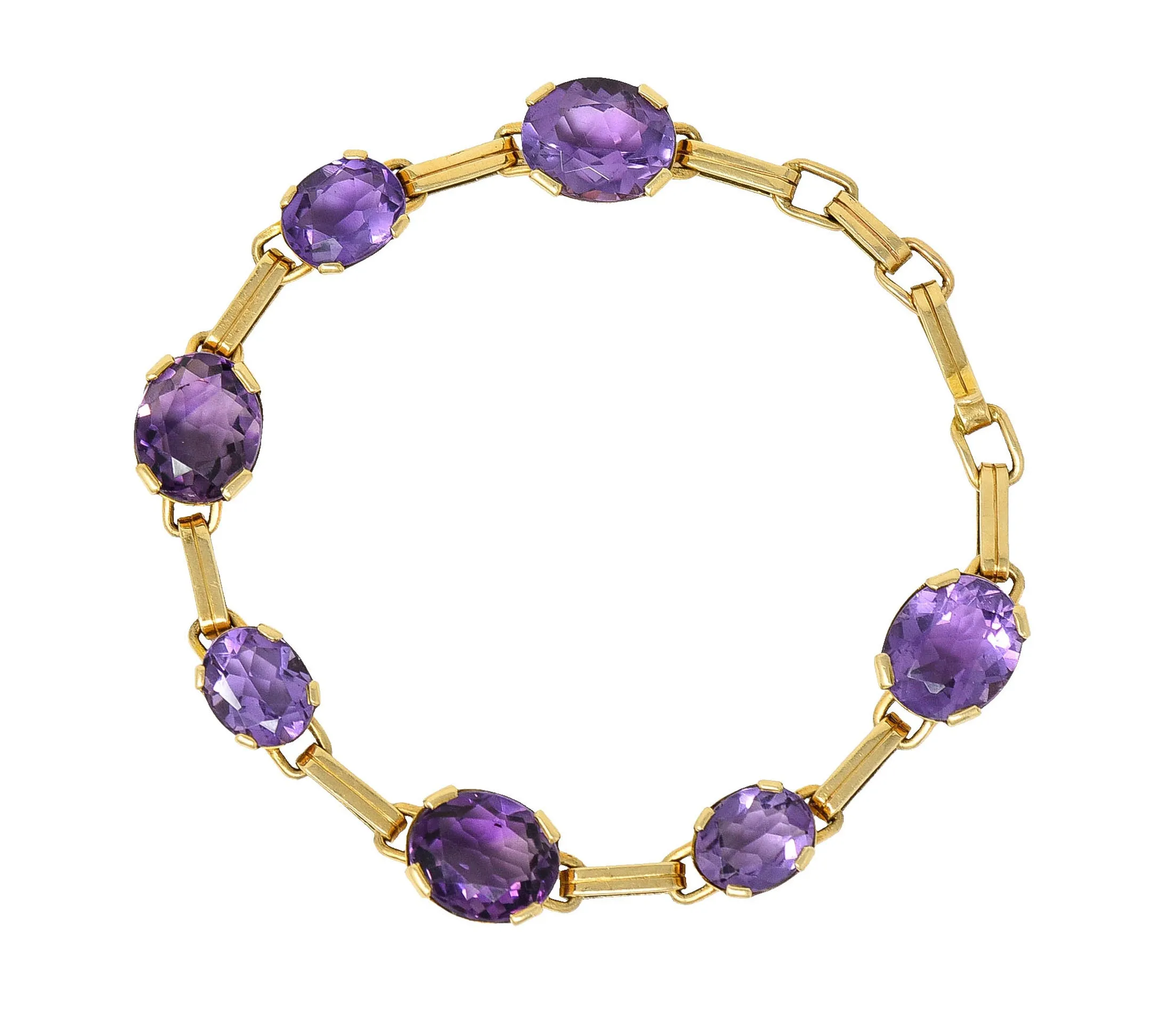 1940's Retro Amethyst 14 Karat Gold Station Link Bracelet