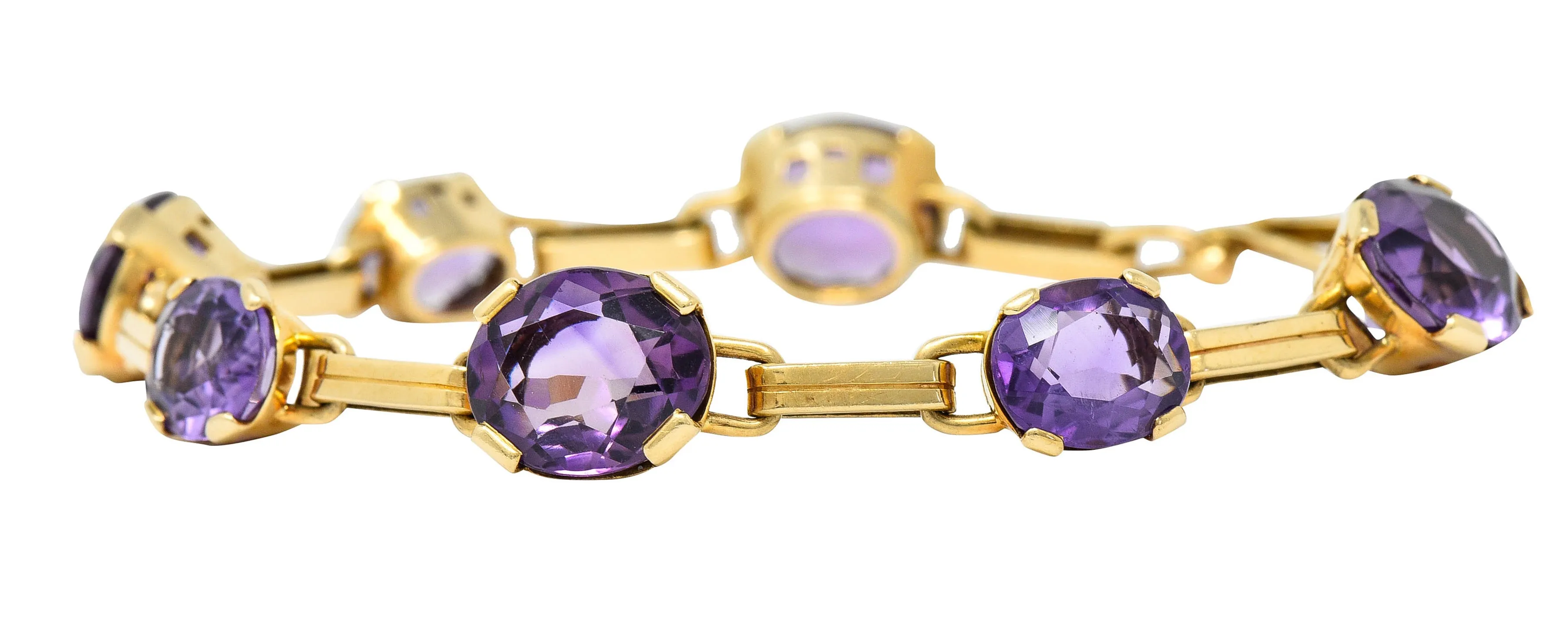 1940's Retro Amethyst 14 Karat Gold Station Link Bracelet