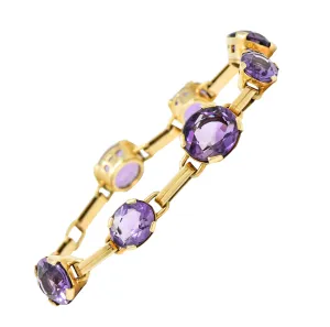 1940's Retro Amethyst 14 Karat Gold Station Link Bracelet