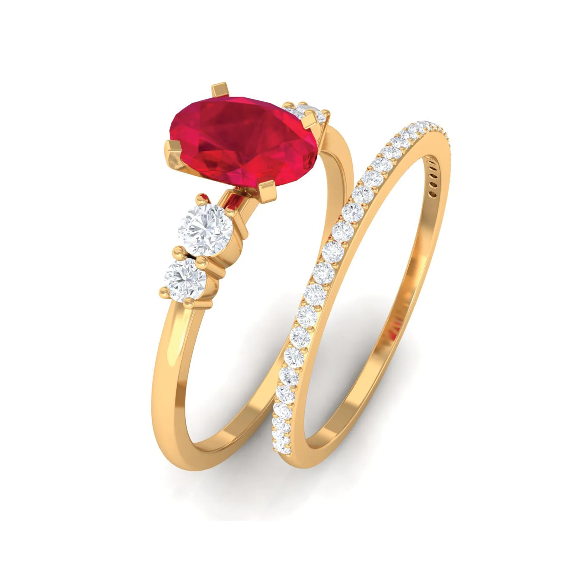 2 CT Oval Created Ruby Solitaire Ring Set with Diamond