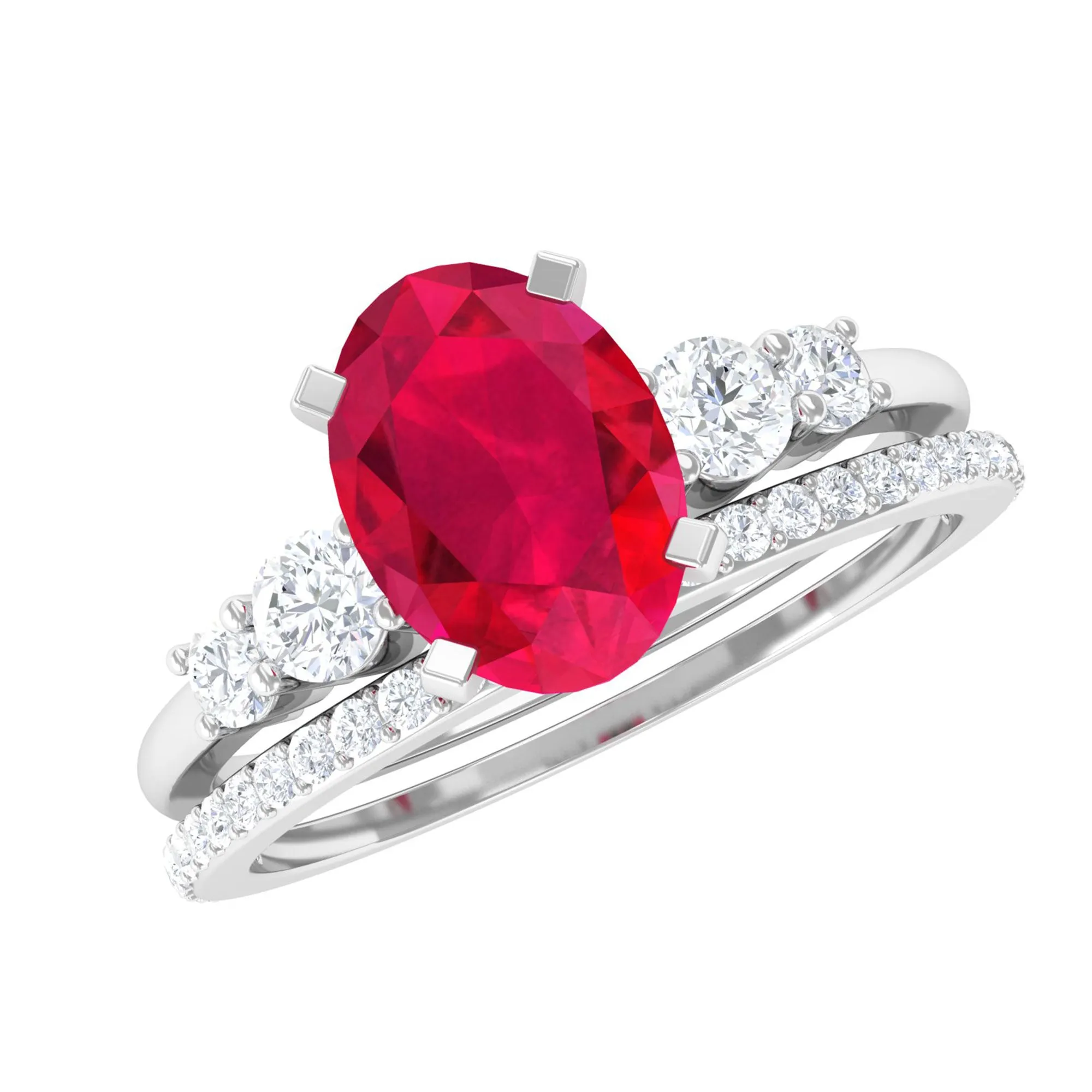 2 CT Oval Created Ruby Solitaire Ring Set with Diamond