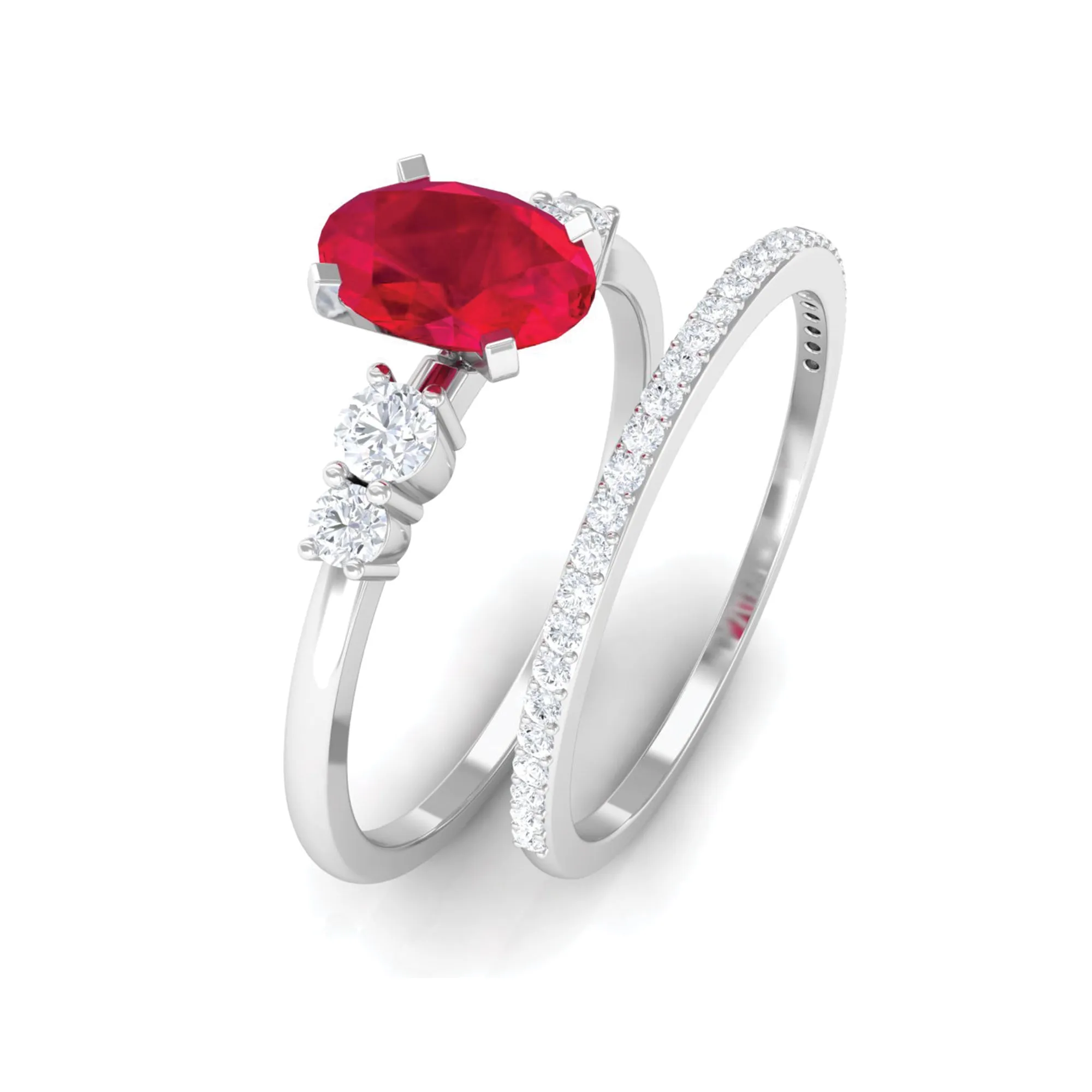 2 CT Oval Created Ruby Solitaire Ring Set with Diamond