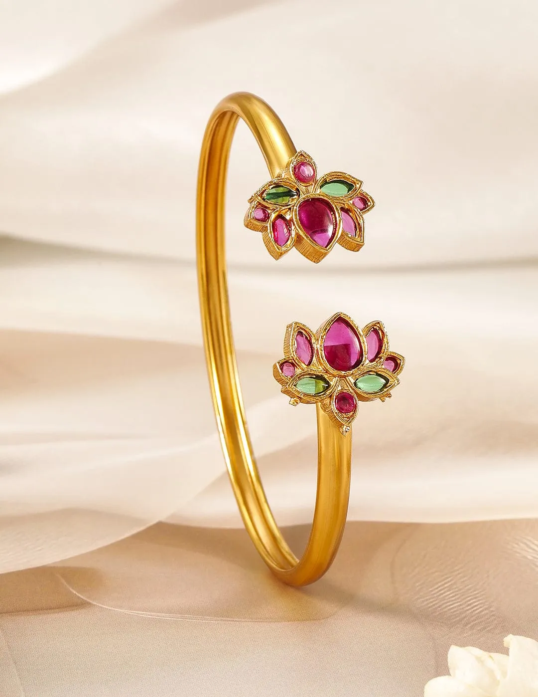 22K Gold-Plated Ruby Pink & Emerald Kundan Studded Openable Kada Bangle