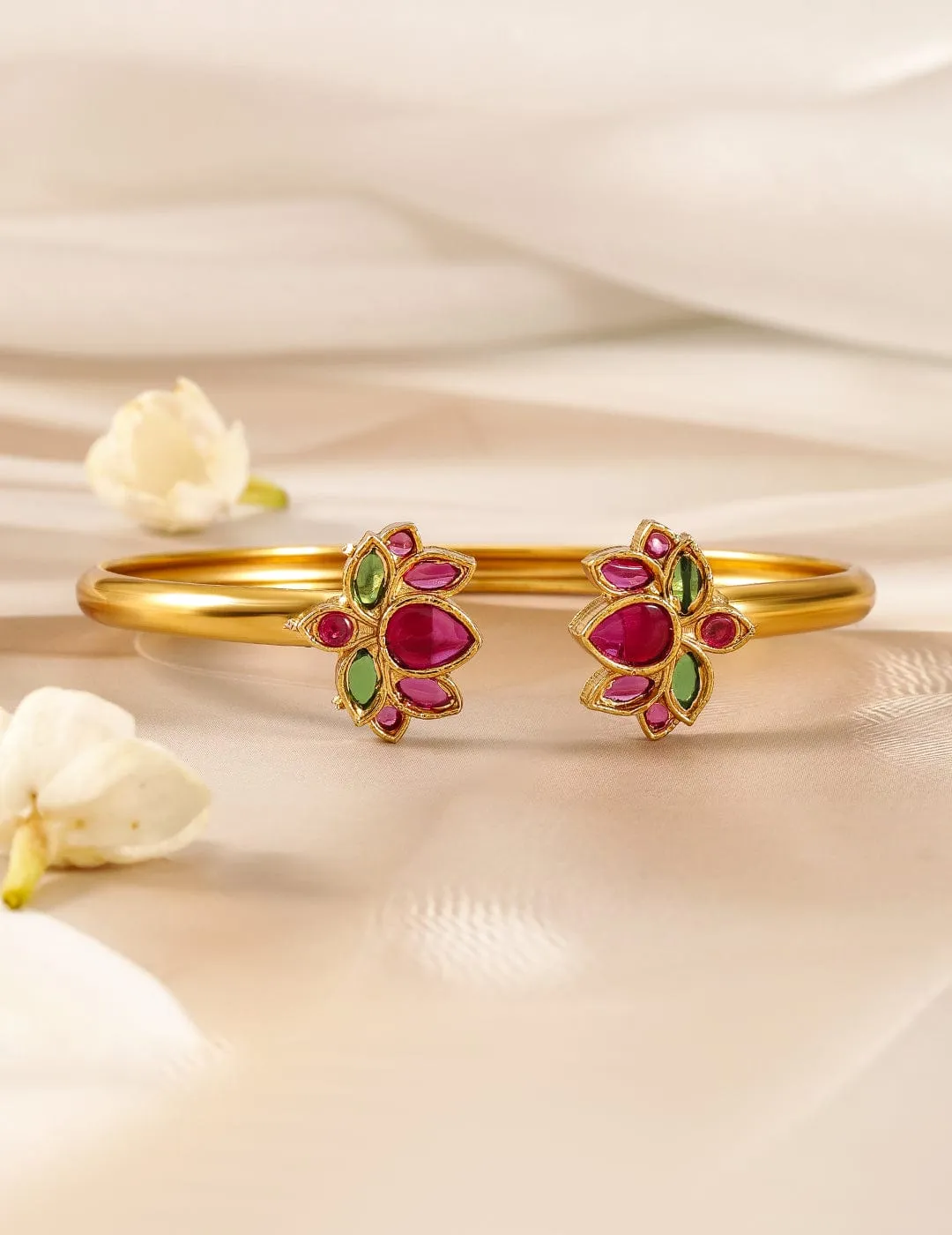 22K Gold-Plated Ruby Pink & Emerald Kundan Studded Openable Kada Bangle