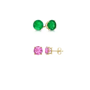 24k Yellow Gold Plated 1/2Ct Created Emerald and Pink sapphire 2 Pair Round Stud Earrings