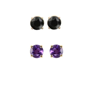 24k Yellow Gold Plated 2Ct Created Black Sapphire and Amethyst 2 Pair Round Stud Earrings