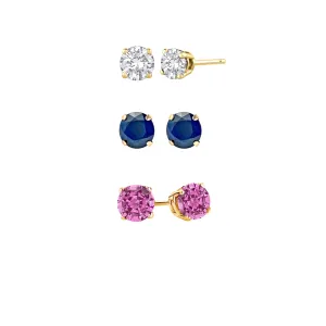 24k Yellow Gold Plated 3Ct Created White Sapphire, Blue Sapphire and Pink Sapphire 3 Pair Round Stud Earrings