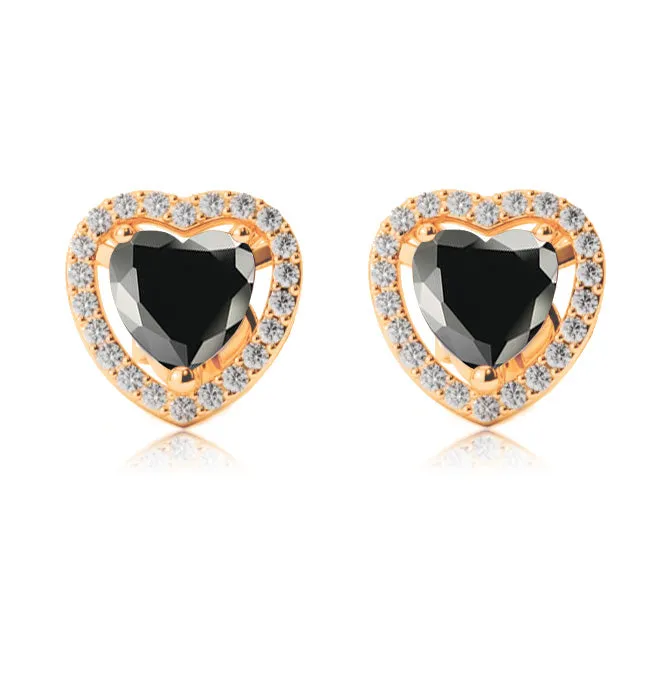 24k Yellow Gold Plated 4 Ct Created Halo Heart Black Sapphire Stud Earrings