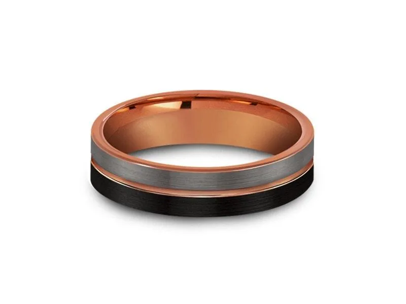 6MM BRUSHED GRAY AND BLACK FLAT Tungsten Wedding Band ROSE GOLD CENTER AND ROSE GOLD INTERIOR