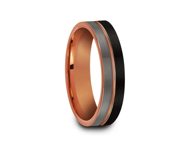 6MM BRUSHED GRAY AND BLACK FLAT Tungsten Wedding Band ROSE GOLD CENTER AND ROSE GOLD INTERIOR