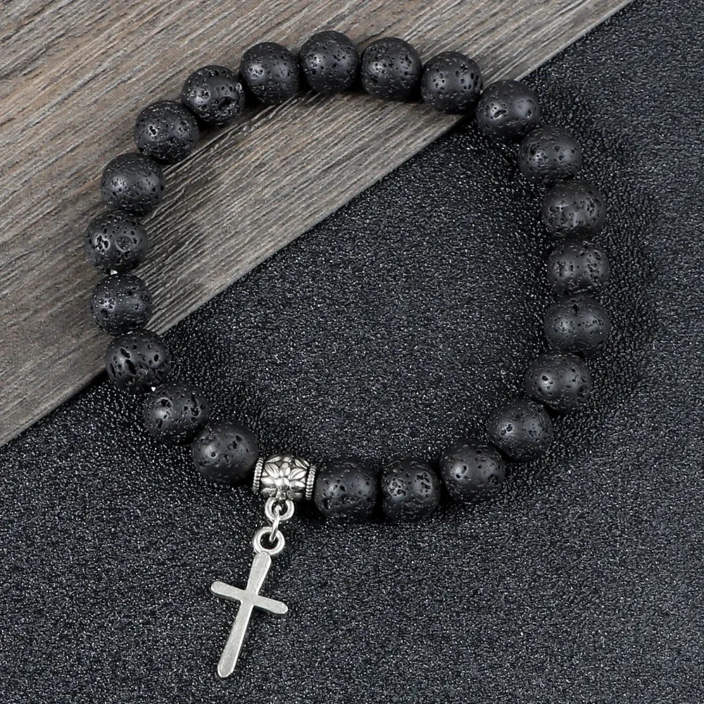 8mm Natural Lava Stone Bead Chain Alloy Cross Pendant Prayer Jesus Bracelet Bangles For Men Women Jewelry Gift Handmade Pulseira