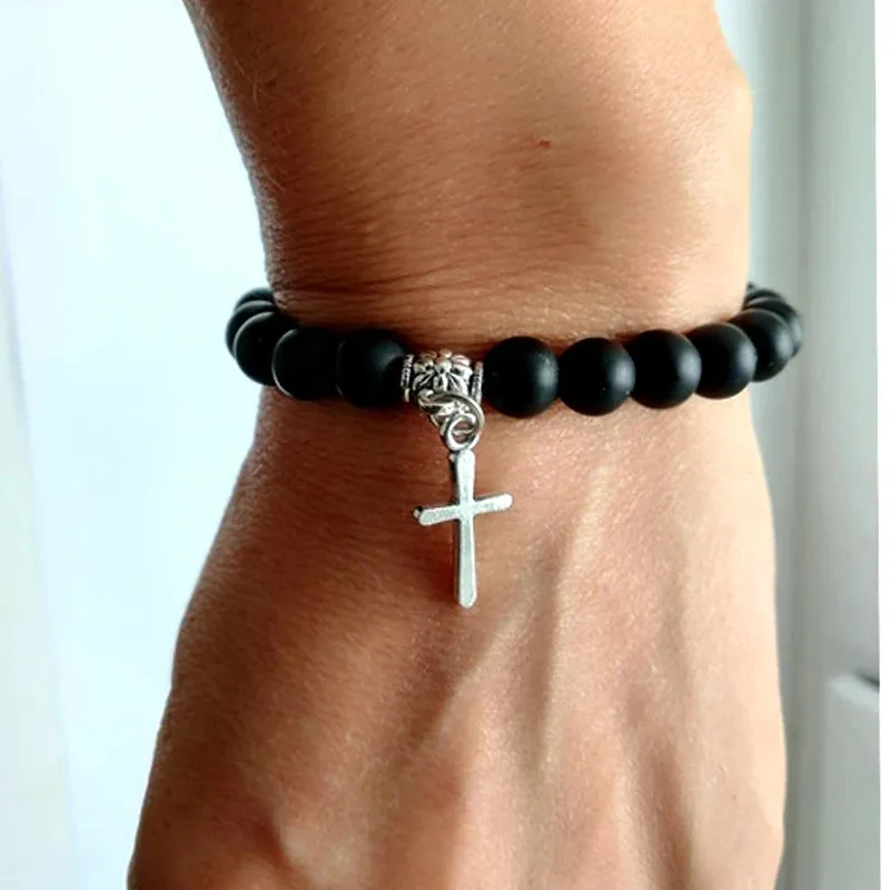 8mm Natural Lava Stone Bead Chain Alloy Cross Pendant Prayer Jesus Bracelet Bangles For Men Women Jewelry Gift Handmade Pulseira