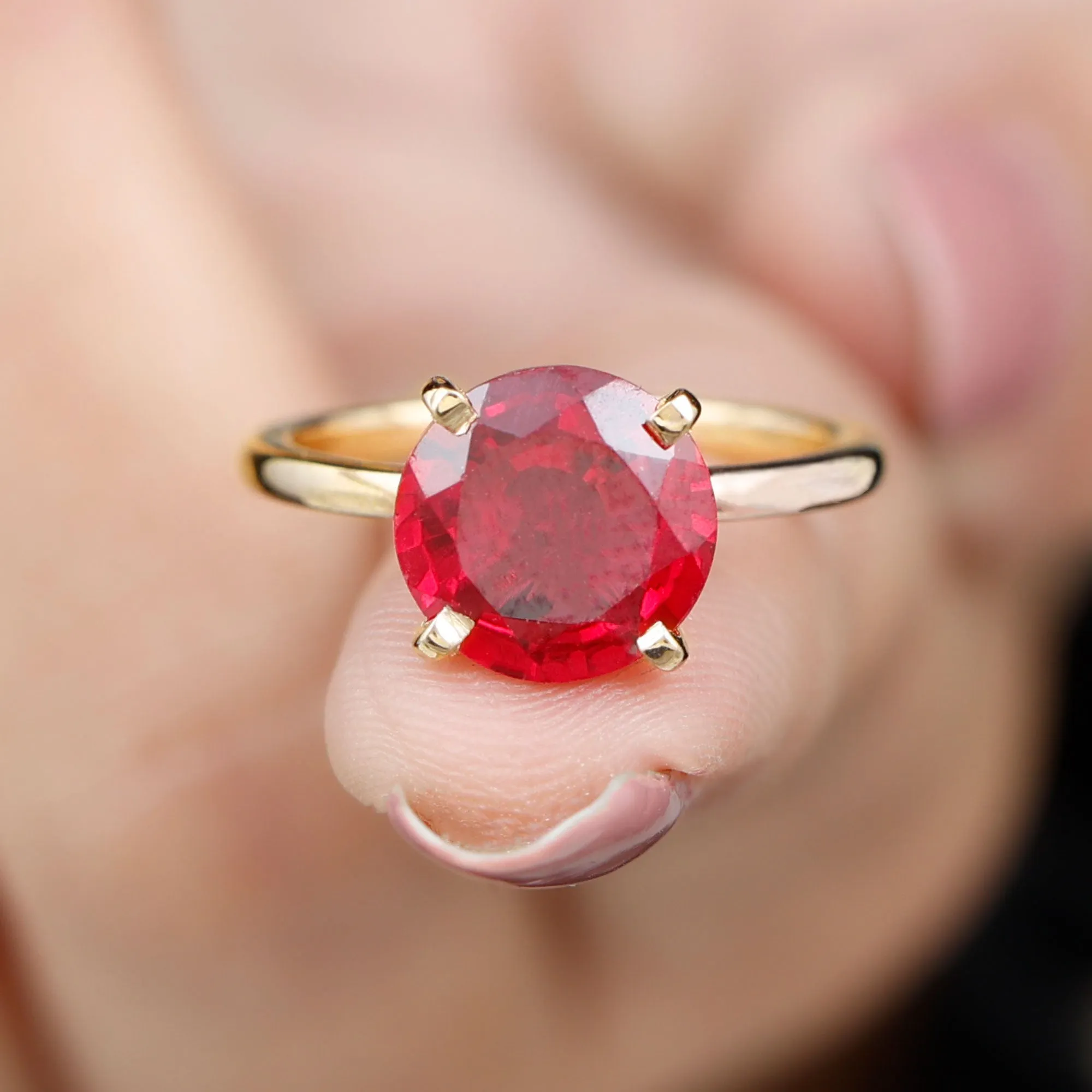 9 MM Round Cut Created Ruby Solitaire Ring for Women