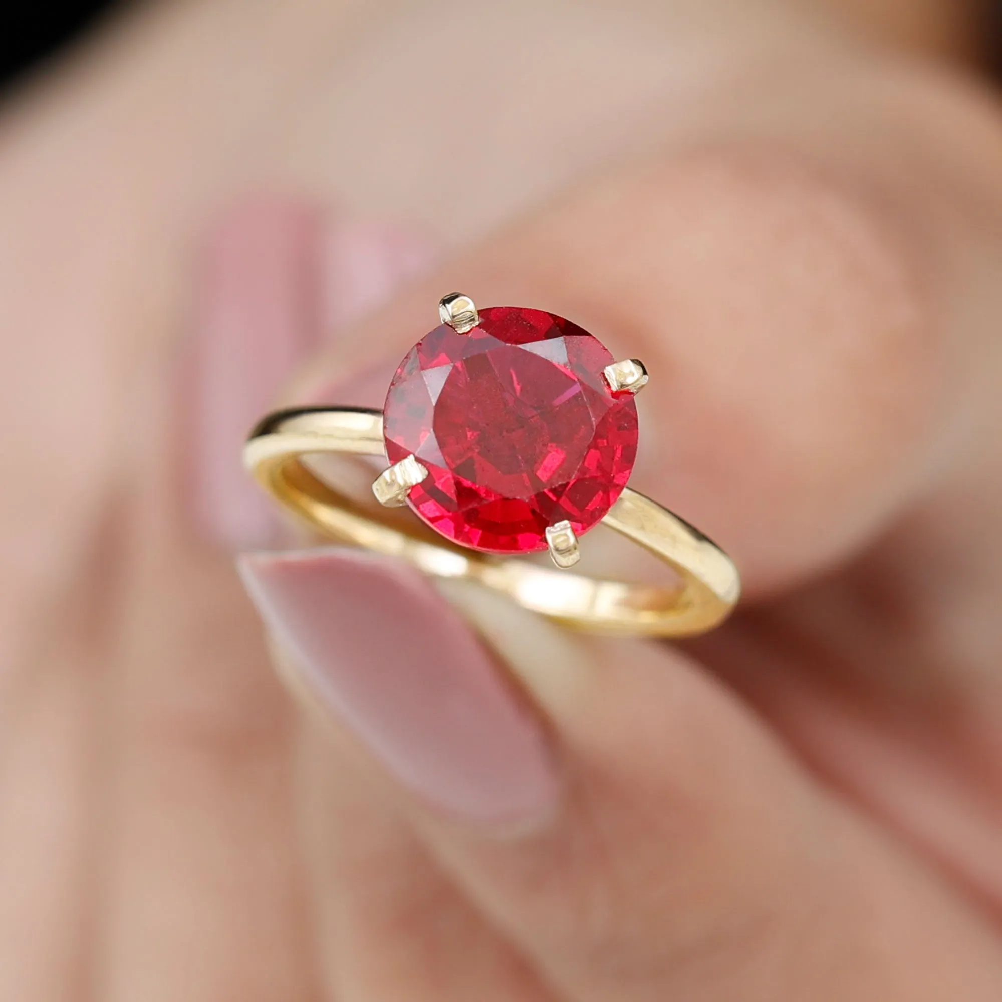 9 MM Round Cut Created Ruby Solitaire Ring for Women