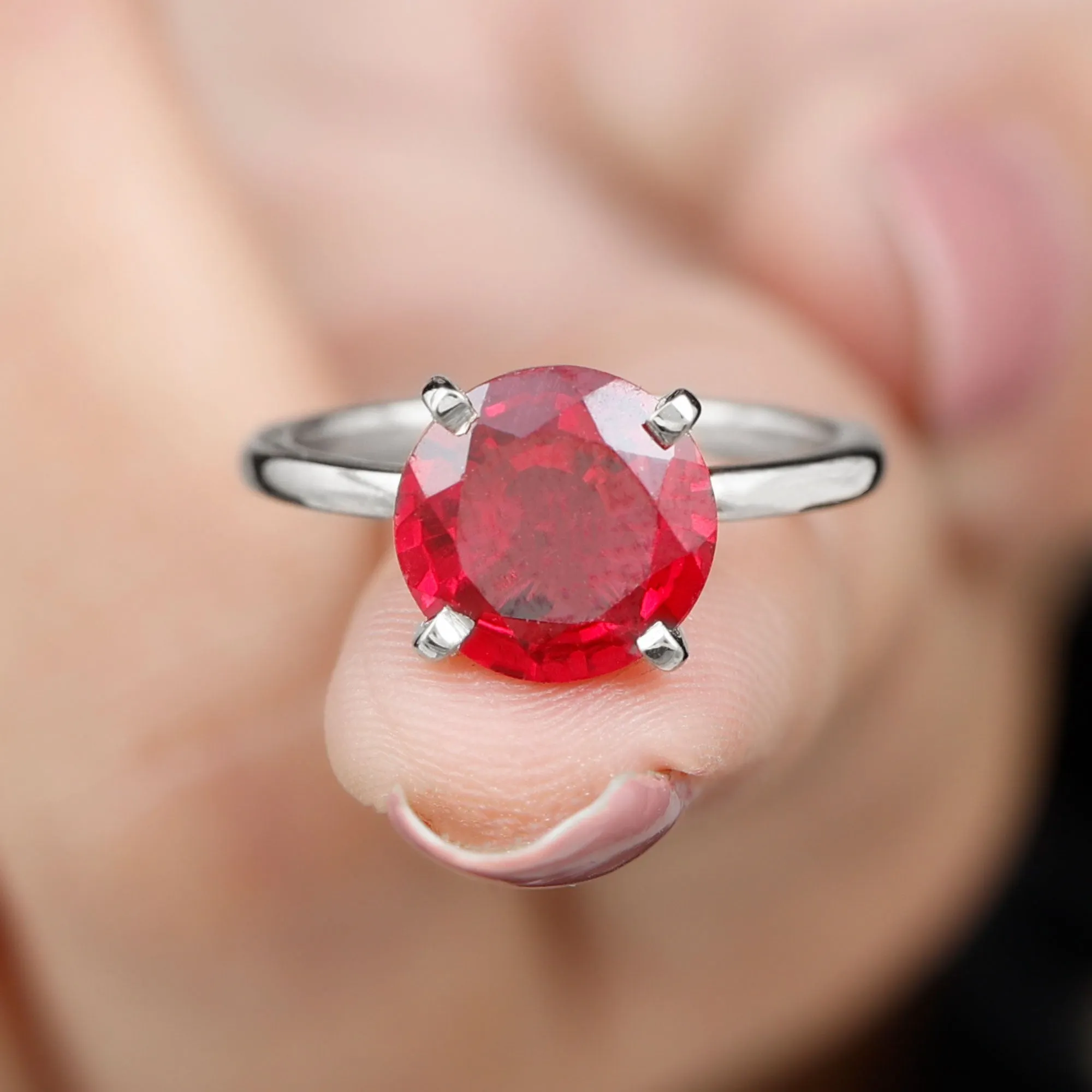 9 MM Round Cut Created Ruby Solitaire Ring for Women