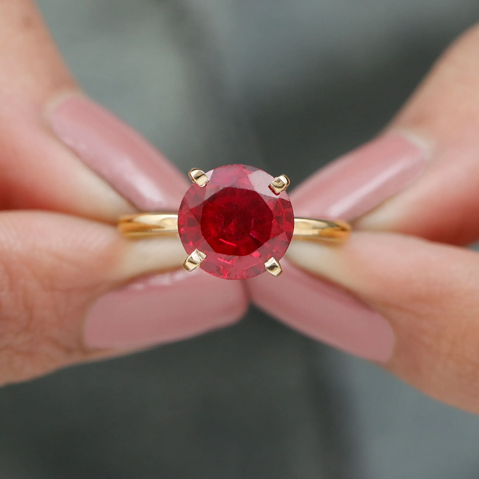 9 MM Round Cut Created Ruby Solitaire Ring for Women