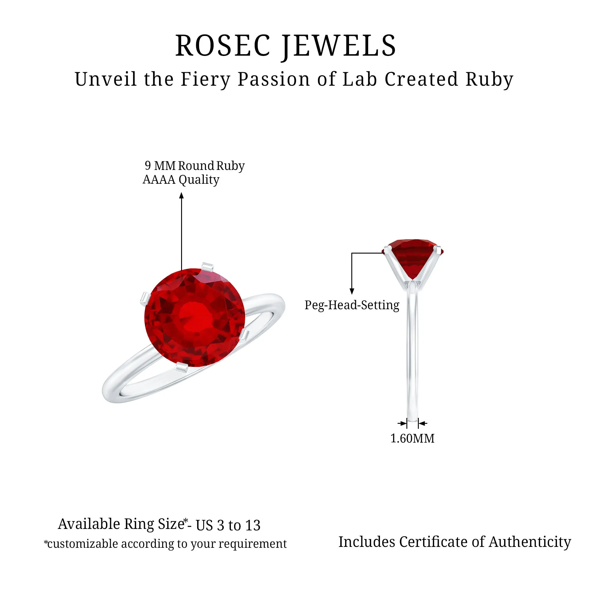 9 MM Round Cut Created Ruby Solitaire Ring for Women