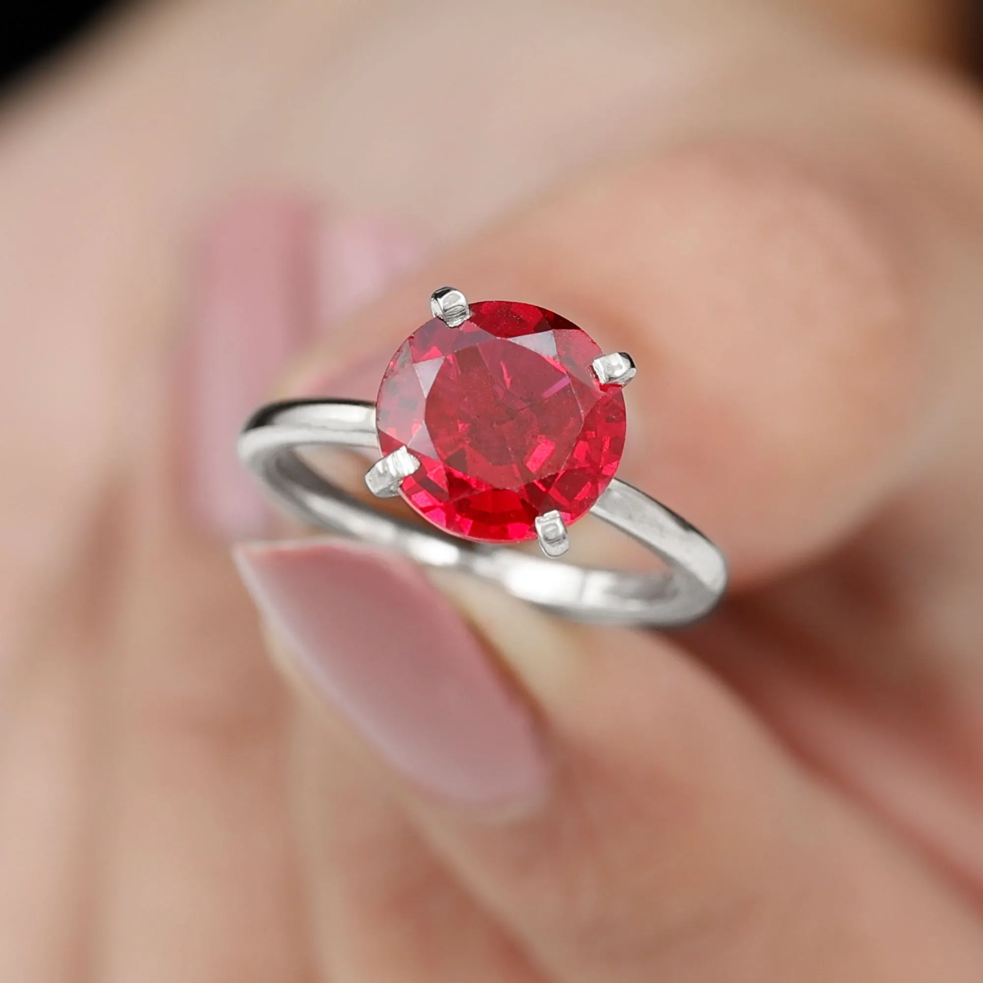 9 MM Round Cut Created Ruby Solitaire Ring for Women