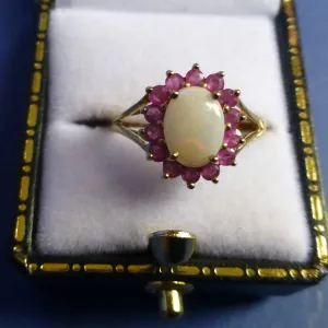 9ct Yellow Gold Ruby and Opalite Ring Size M   1/2