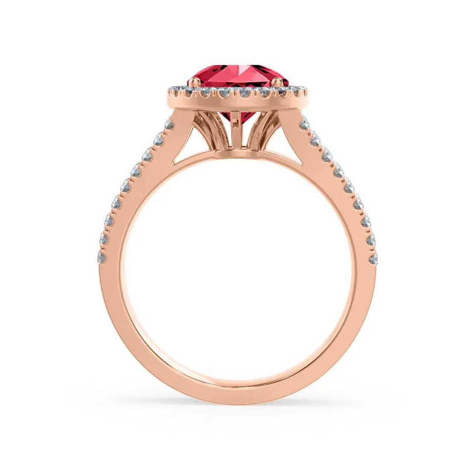 AMELIA - Chatham® Lab Grown Red Ruby & Diamond 18k Rose Gold Halo Ring