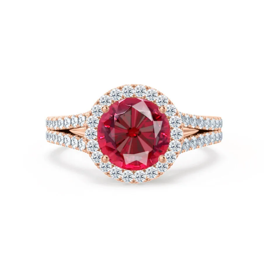 AMELIA - Chatham® Lab Grown Red Ruby & Diamond 18k Rose Gold Halo Ring