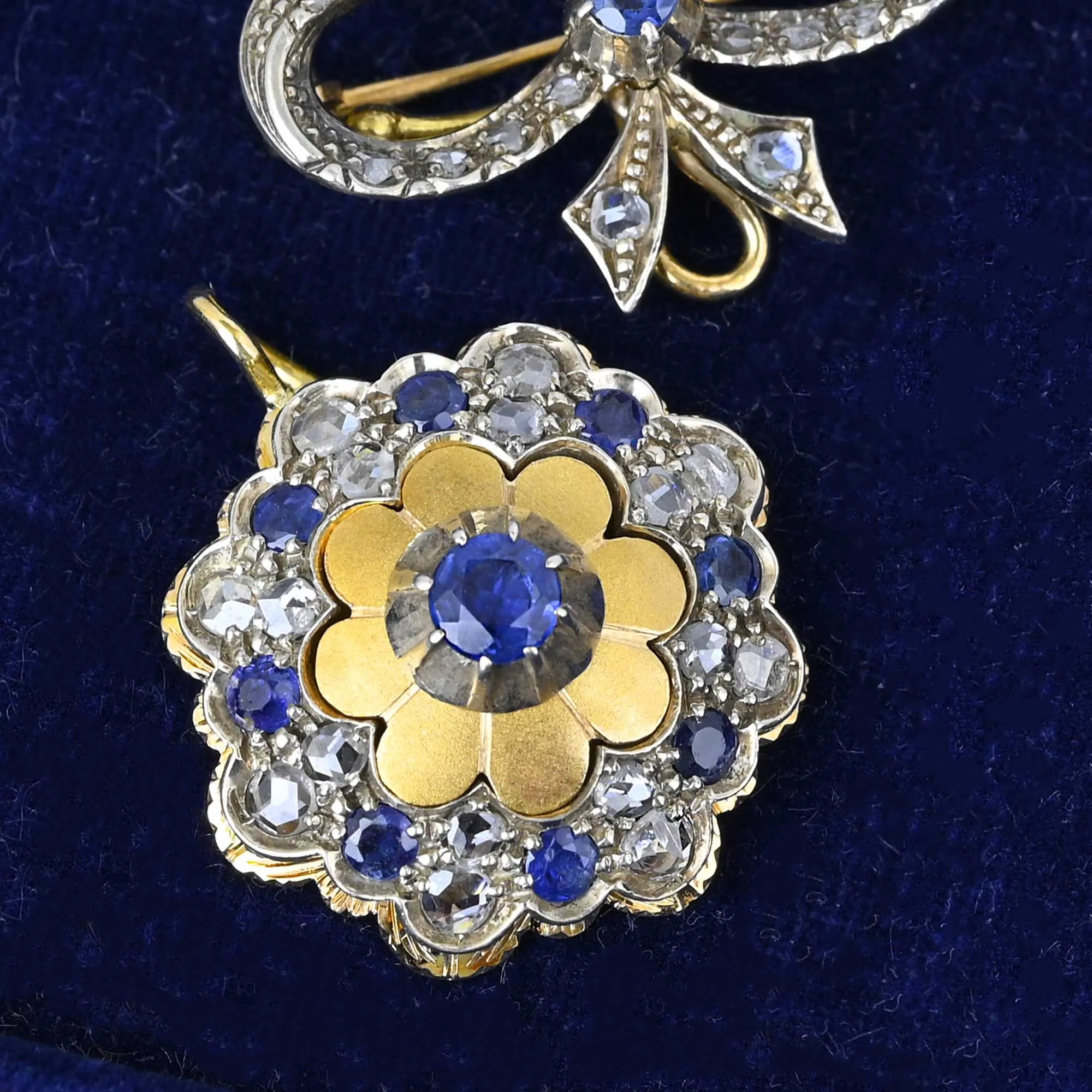 Antique 18K Gold Rose Cut Diamond Sapphire Brooch