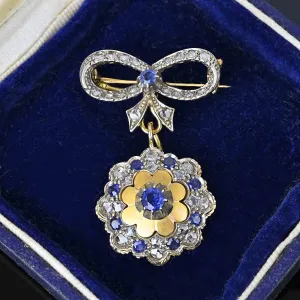 Antique 18K Gold Rose Cut Diamond Sapphire Brooch