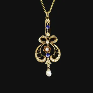 Antique Art Nouveau 14K Gold Diamond Sapphire Bow Lavaliere Necklace