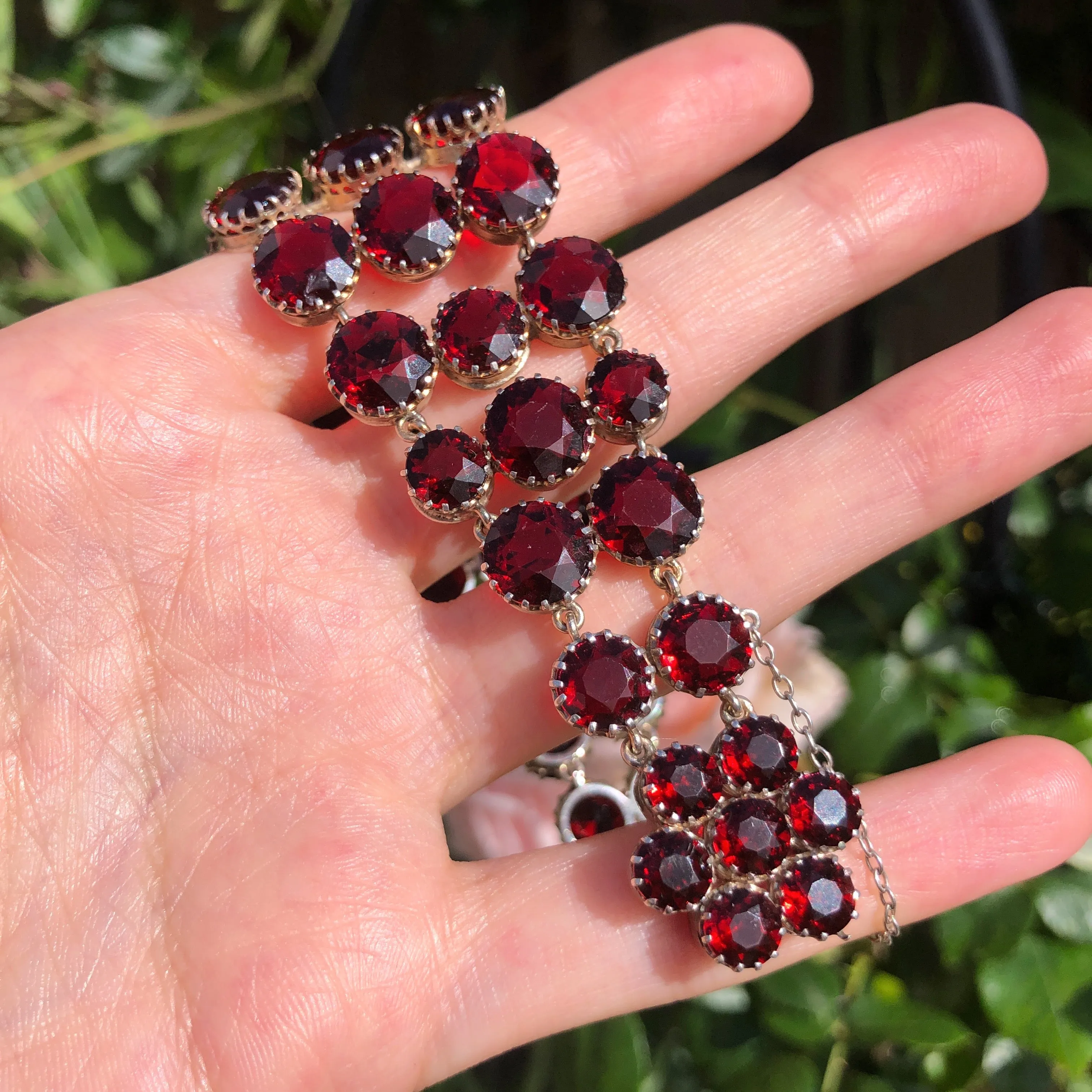 Antique Silver Cranberry Red Glass Prong Set Bracelet