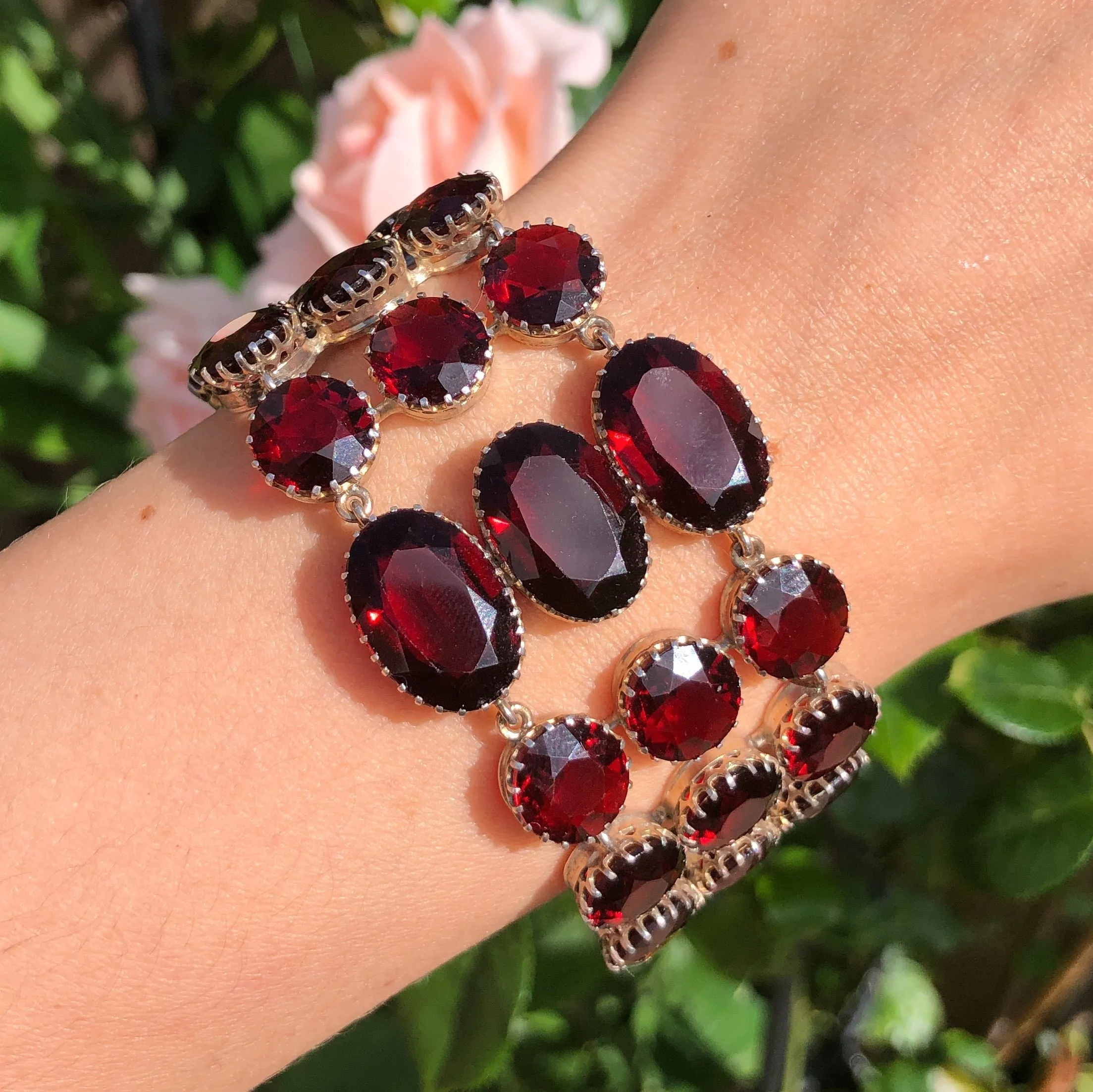 Antique Silver Cranberry Red Glass Prong Set Bracelet