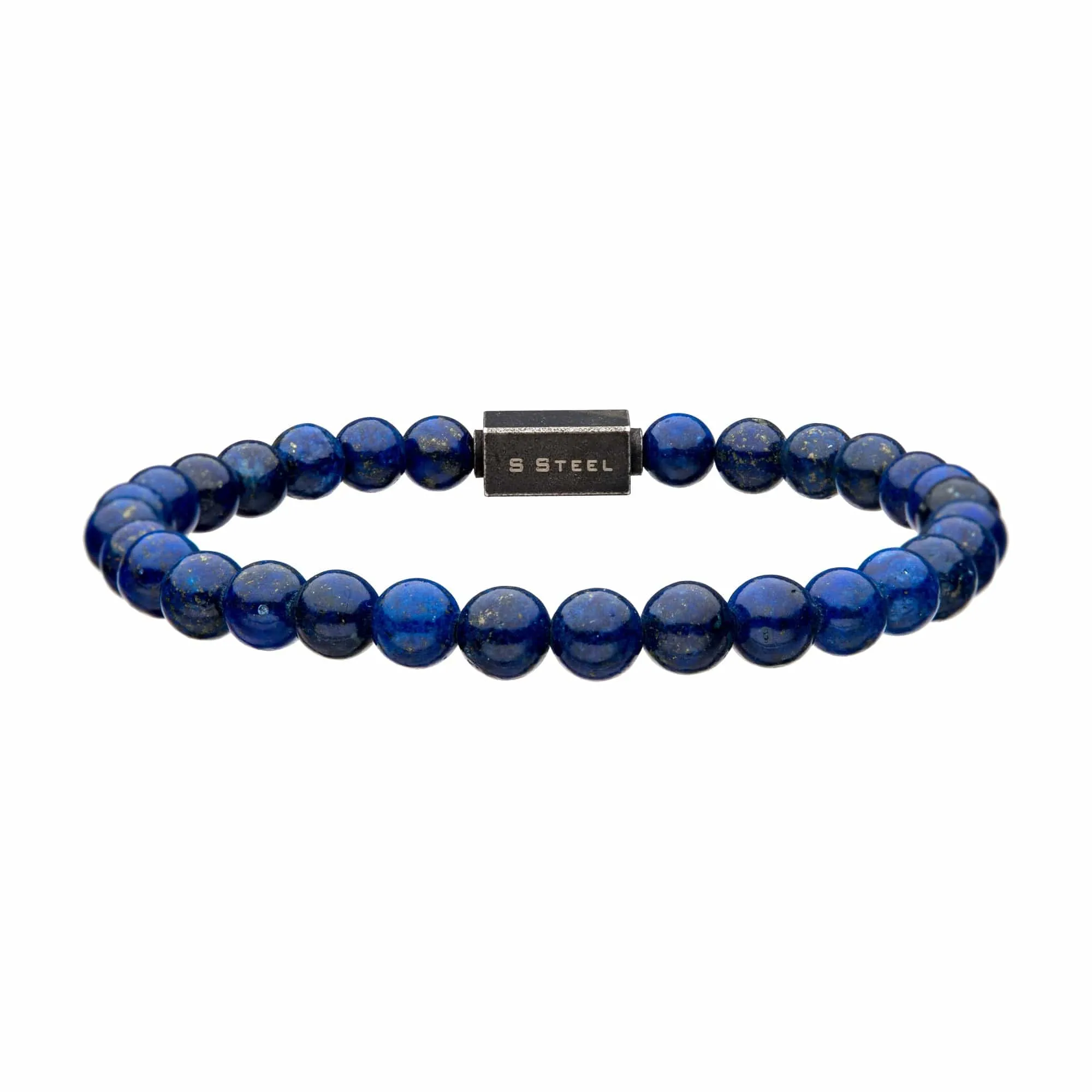 Antiqued Silver Tone Stainless Steel 6mm Blue Lapis Lazuli Stretch Bead Bracelet