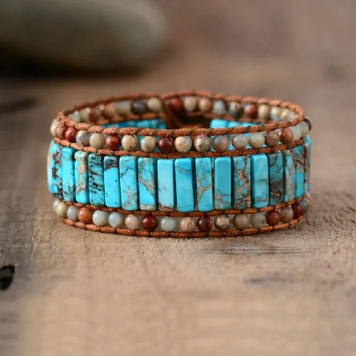 Aqua Jasper 3X Row Cuff Beaded Bracelet