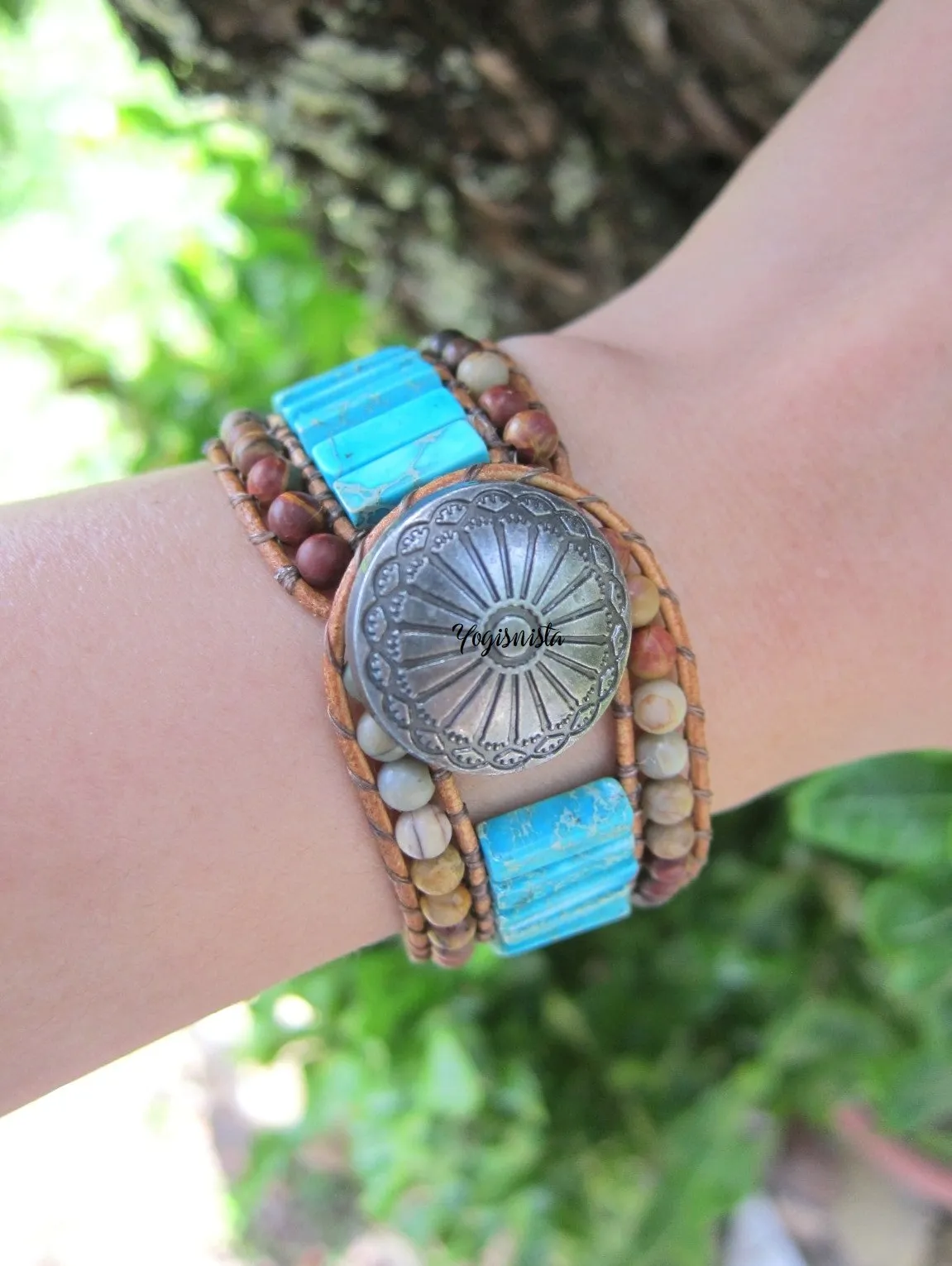 Aqua Jasper 3X Row Cuff Beaded Bracelet