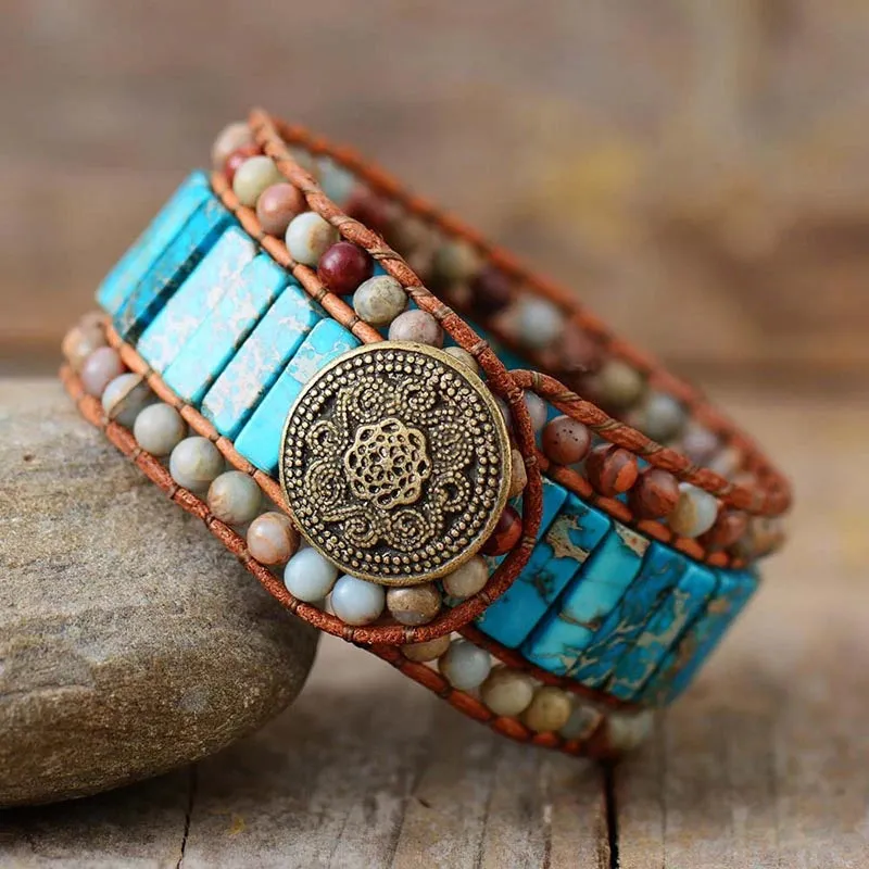 Aqua Jasper 3X Row Cuff Beaded Bracelet