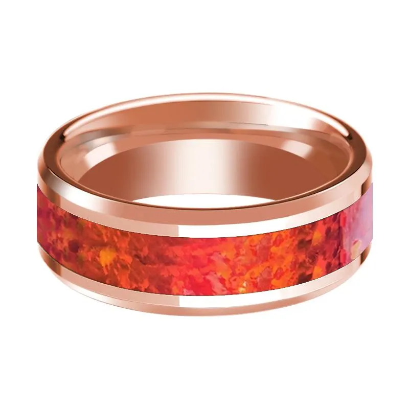 Beveled 14k Rose Gold Wedding Band for Men with Red Opal Inlay & Polished Finish - 8MM