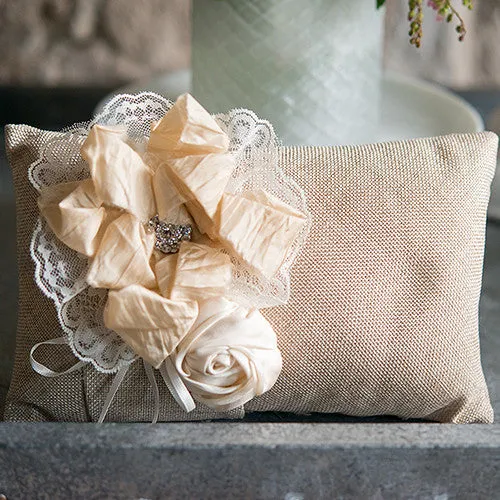 Burlap Wedding Ring Pillow with Flowers