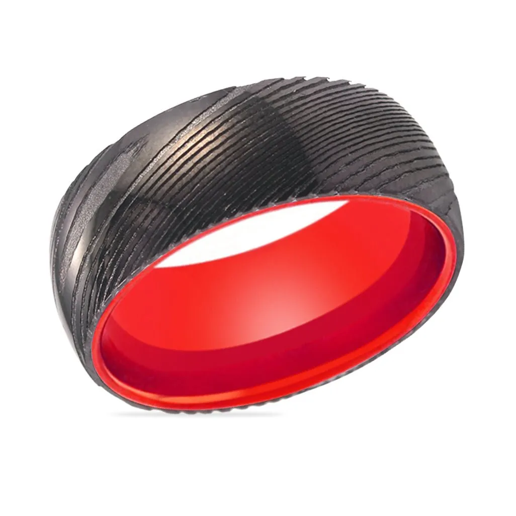 CARDINAL | Red Ring, Gunmetal Damascus Steel Ring, Domed