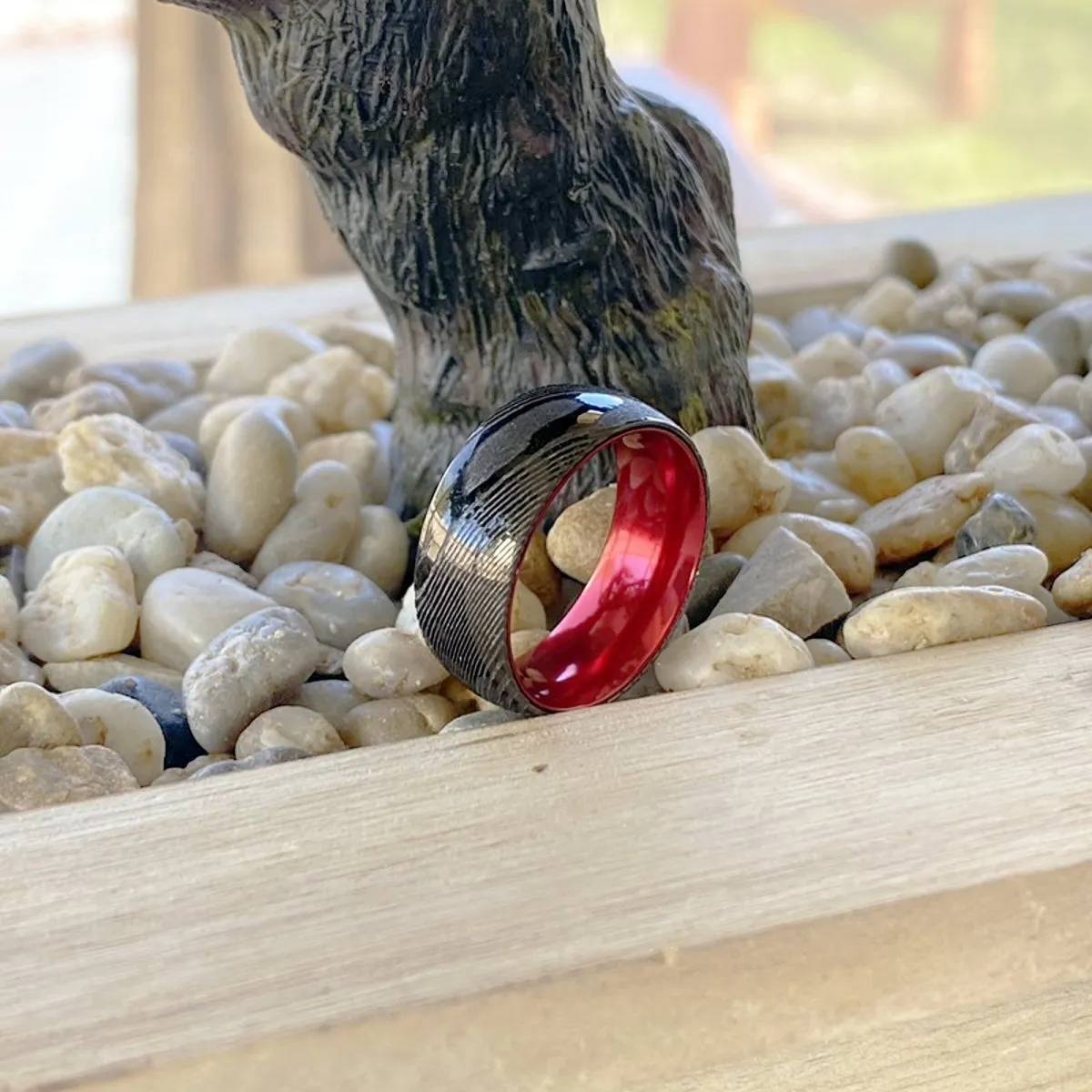 CARDINAL | Red Ring, Gunmetal Damascus Steel Ring, Domed