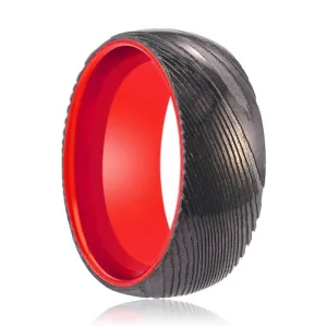 CARDINAL | Red Ring, Gunmetal Damascus Steel Ring, Domed