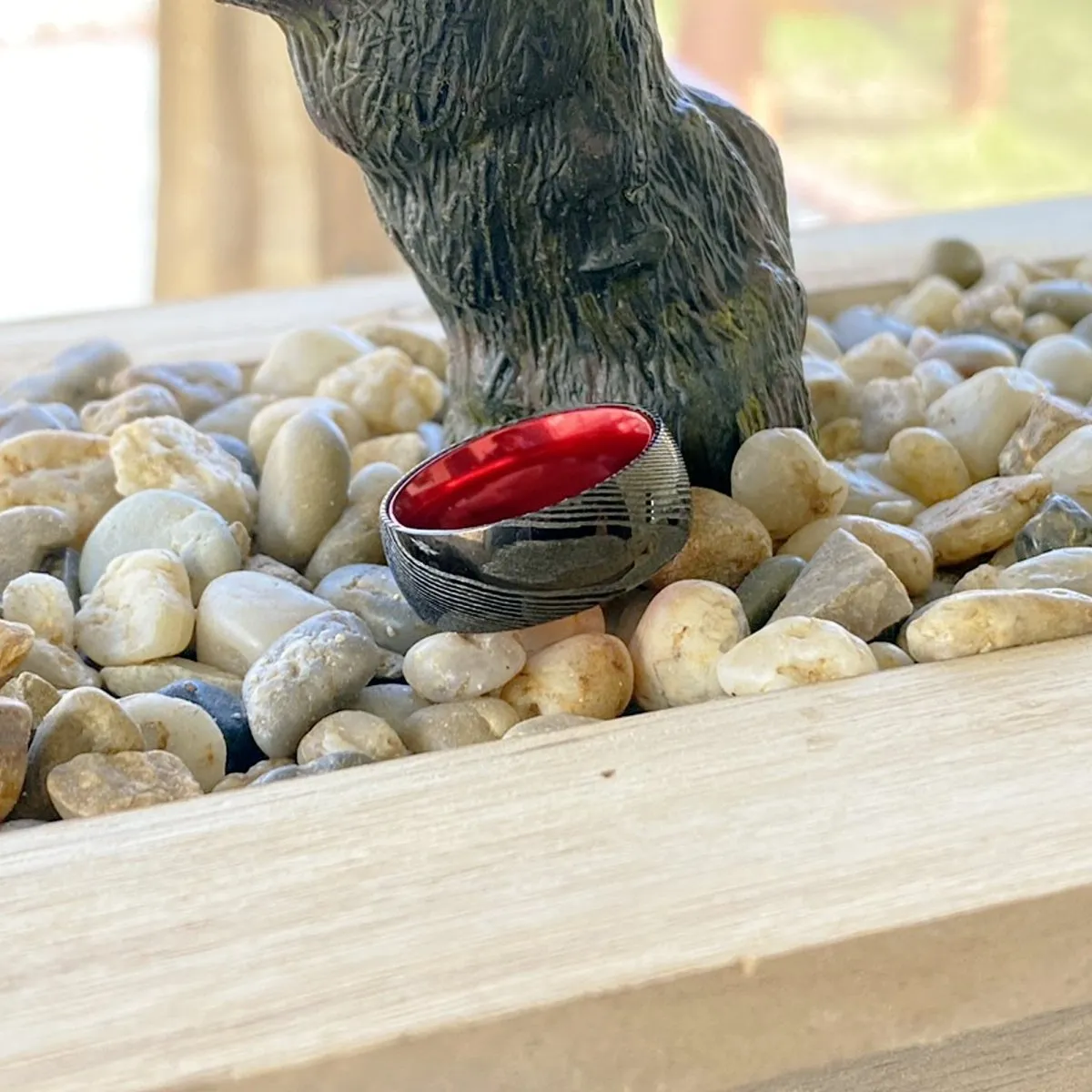 CARDINAL | Red Ring, Gunmetal Damascus Steel Ring, Domed