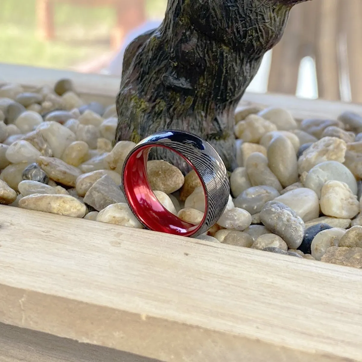 CARDINAL | Red Ring, Gunmetal Damascus Steel Ring, Domed