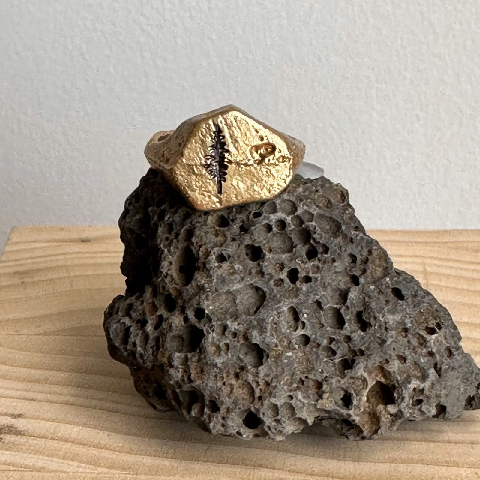 Carved Rustic Tree Signet Ring in Bronze