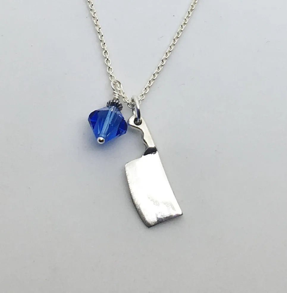 Chef's Cleaver Pendant Necklace with Blue Swarovski Crystal Charm