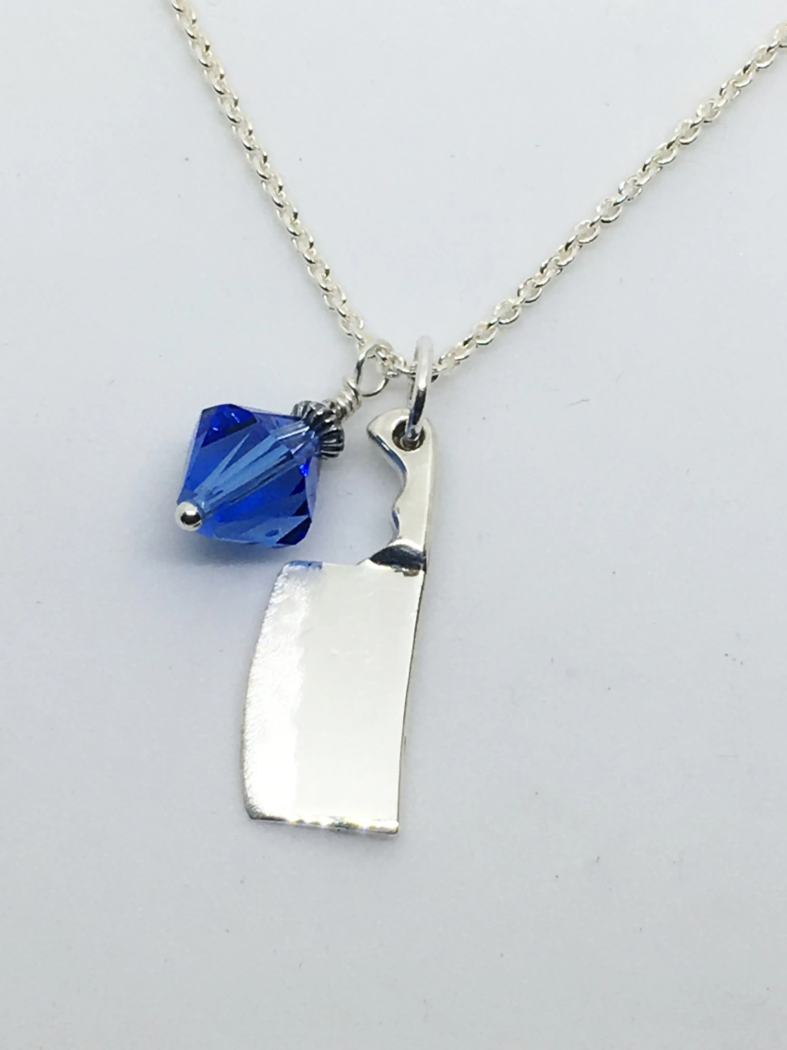 Chef's Cleaver Pendant Necklace with Blue Swarovski Crystal Charm