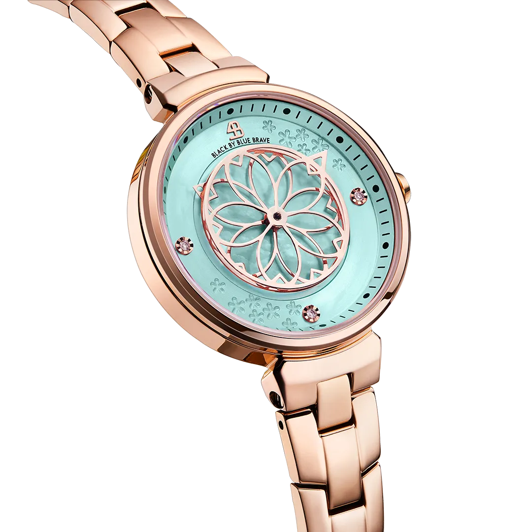 Cherry Blossom 32mm Ruby Red Gold Mother Of Pearl Dial Sakura Petal Hand Rose Gold Bracelet Watch