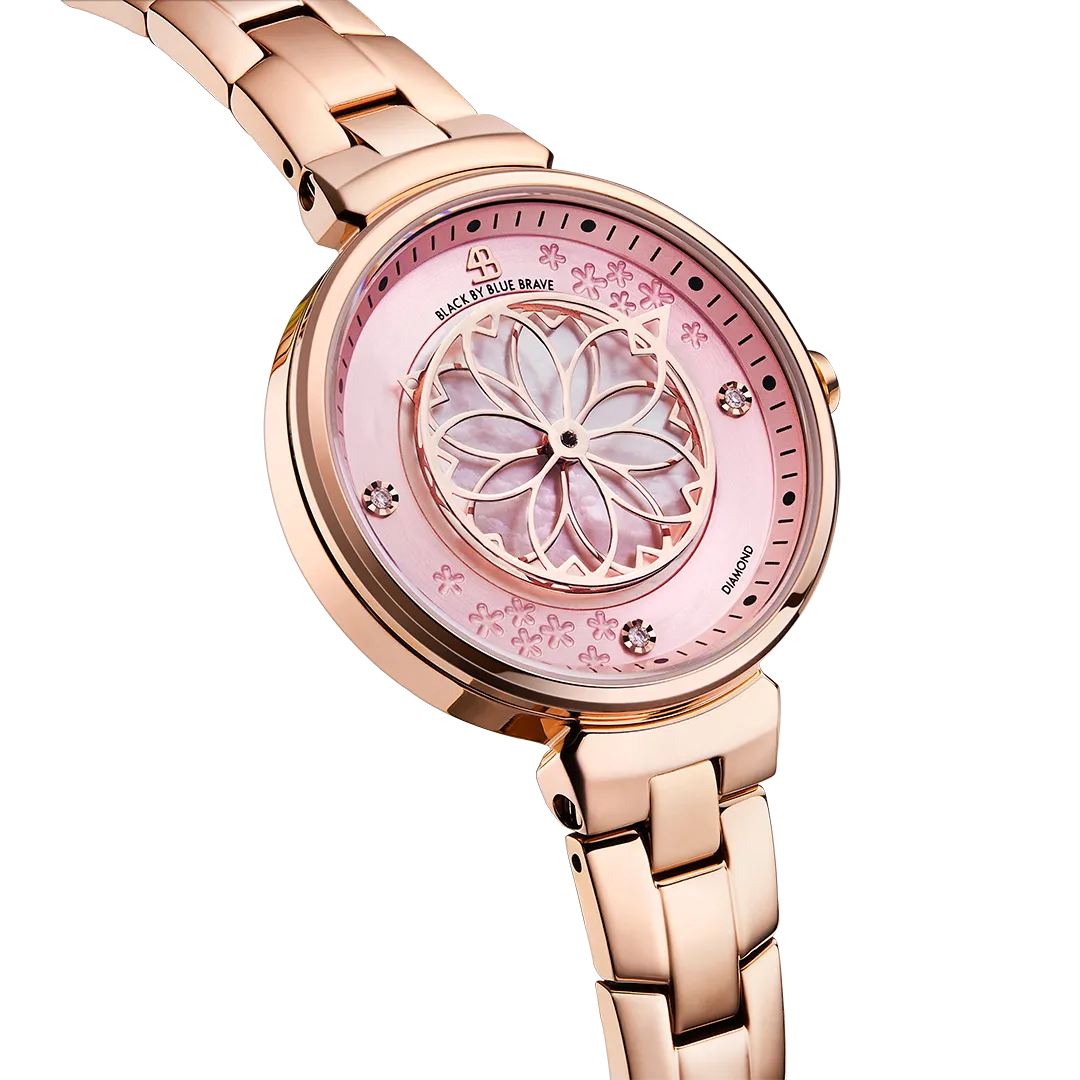 Cherry Blossom 32mm Ruby Red Gold Mother Of Pearl Dial Sakura Petal Hand Rose Gold Bracelet Watch